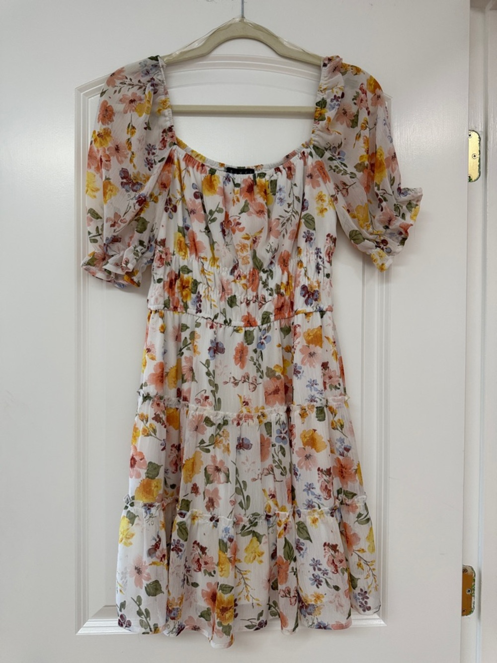 Trixxi White Mini Dress with Yellow, Orange & Pink Floral Print